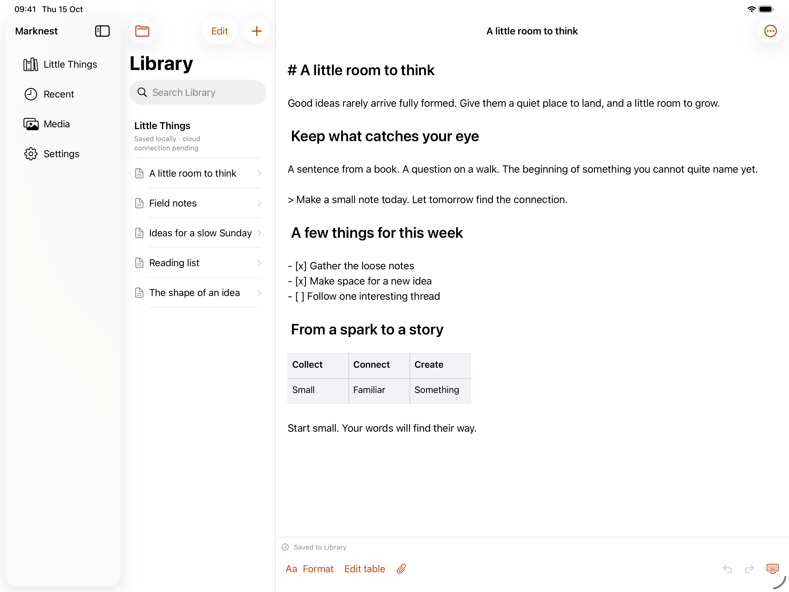 Marknest for iPad with Library navigation, notes, and the editor side by side