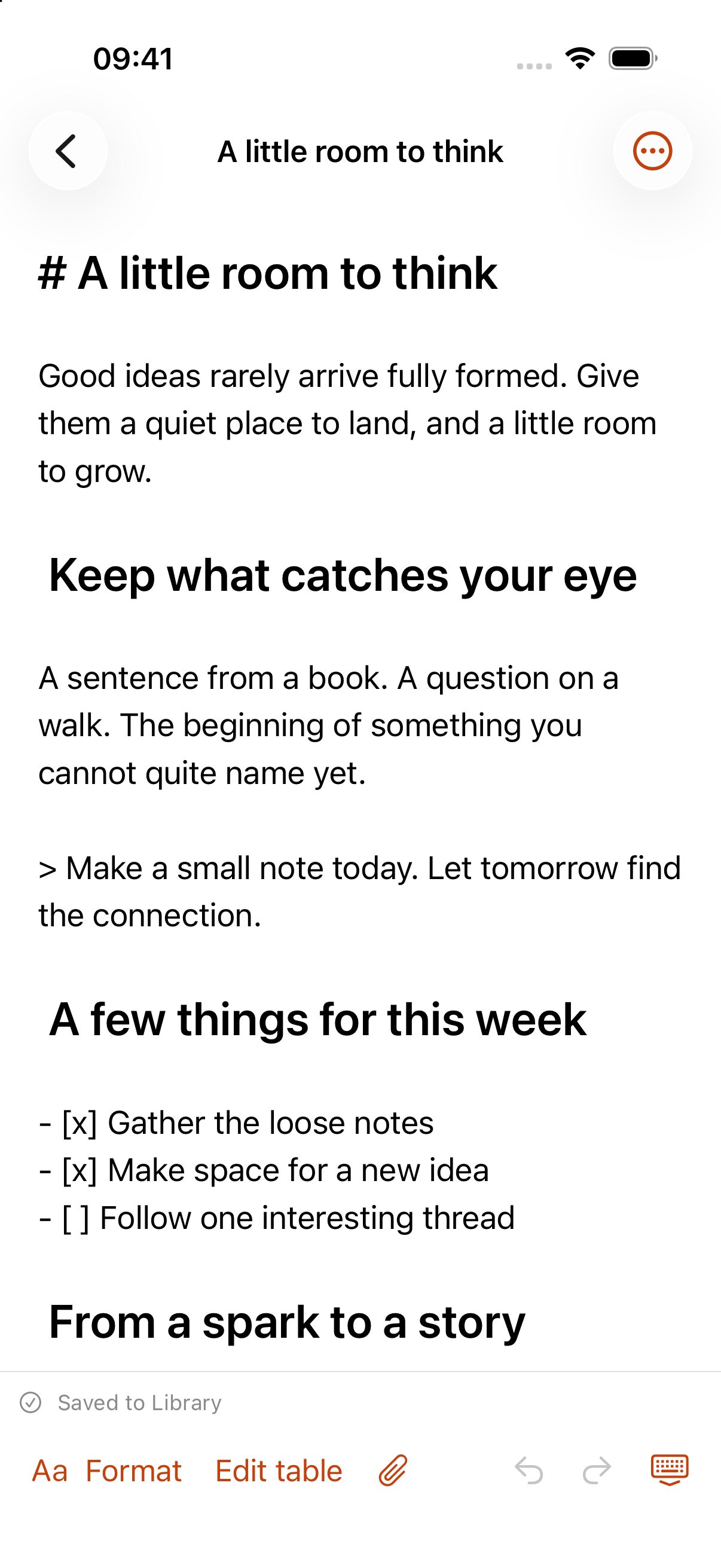 Marknest for iPhone editing a note with headings and a writing toolbar