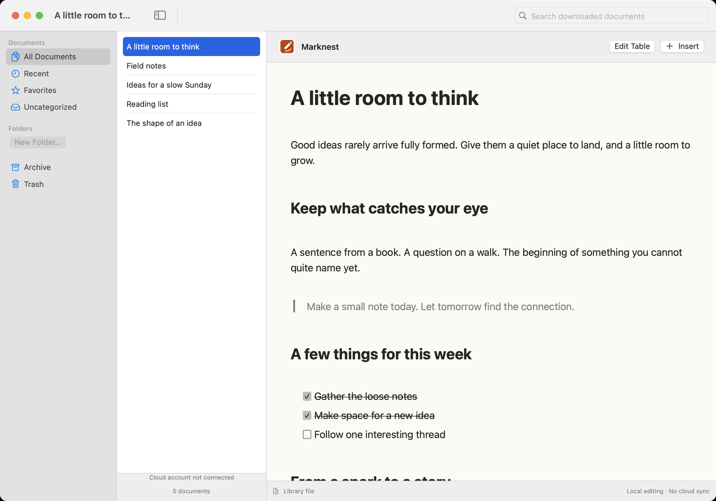 Marknest for Mac with a Library sidebar, note list, and native Markdown editor